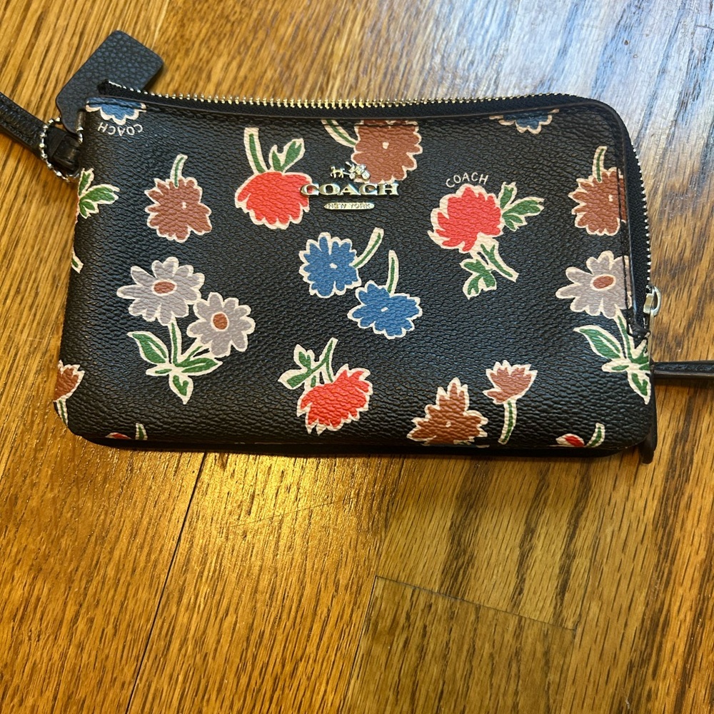 Coach Black Wristlet with Colorful Floral Design